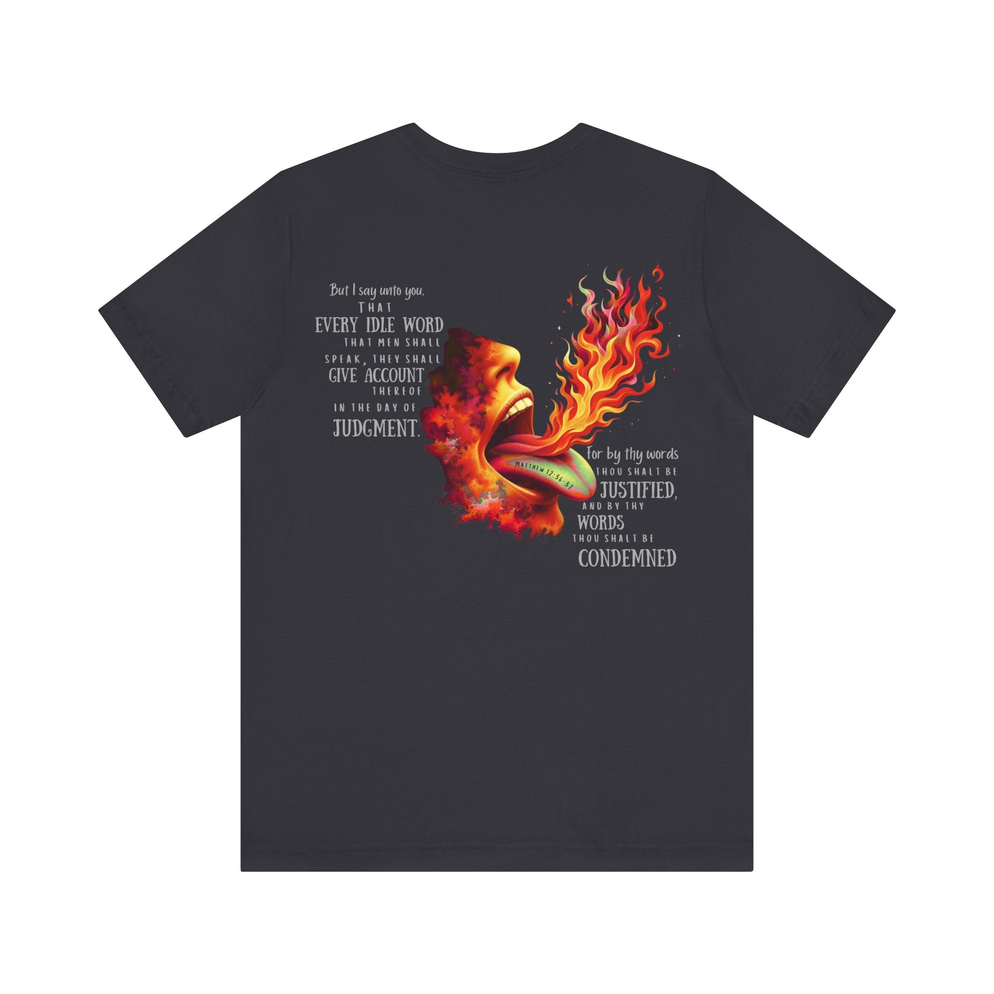 The Tongue Is a Fire — Matthew 12:36-37 Tee | Unisex Jersey Short Sleeve Christian T-Shirt