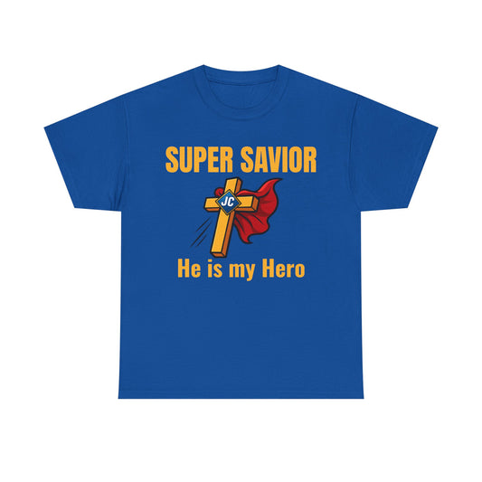 Front: super savior jesus is my superhero christian t-shirt with cape cross jc logo unisex faith graphic tee