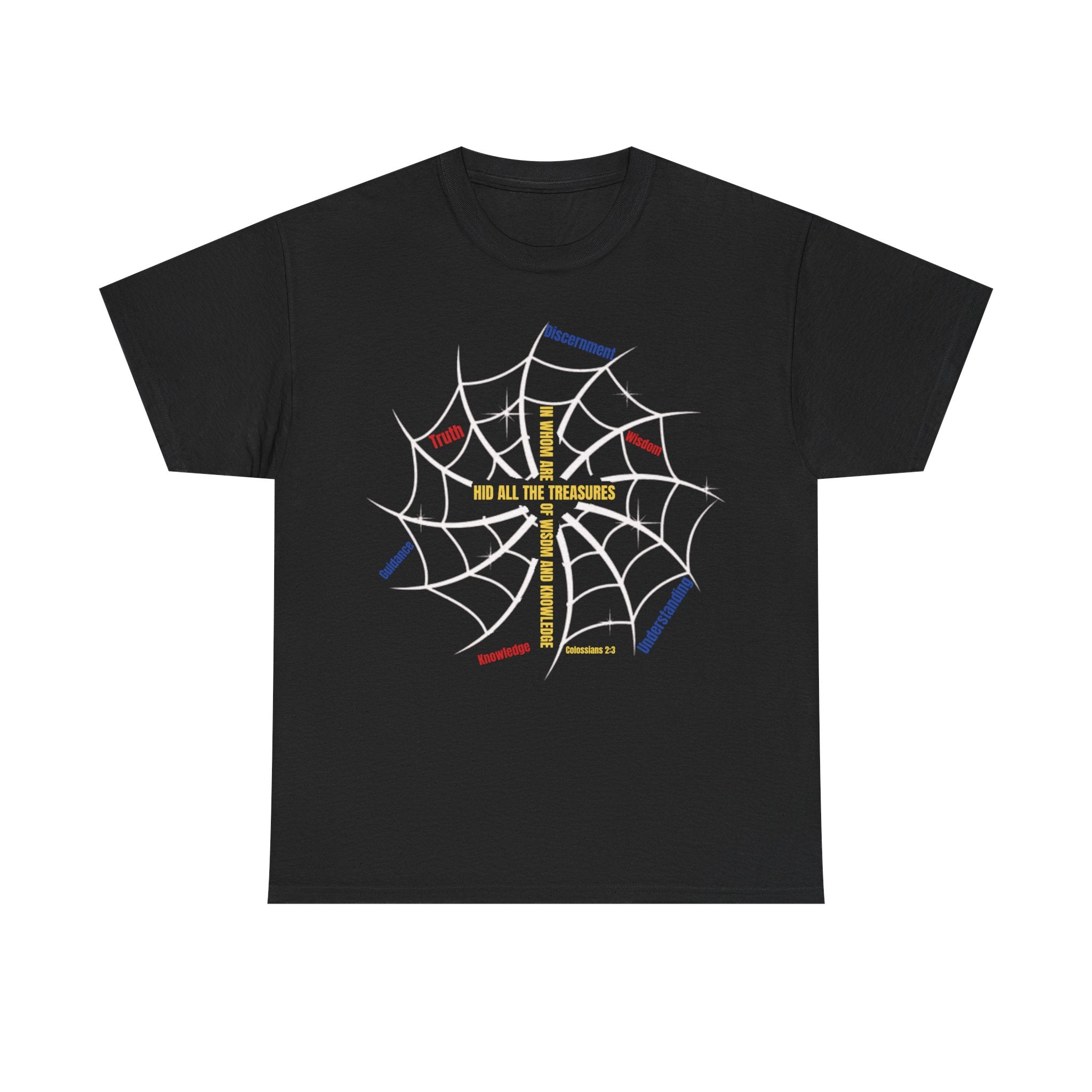 Front: “Christian superhero t-shirt — Web of Wisdom Colossians 2:3 comic design”