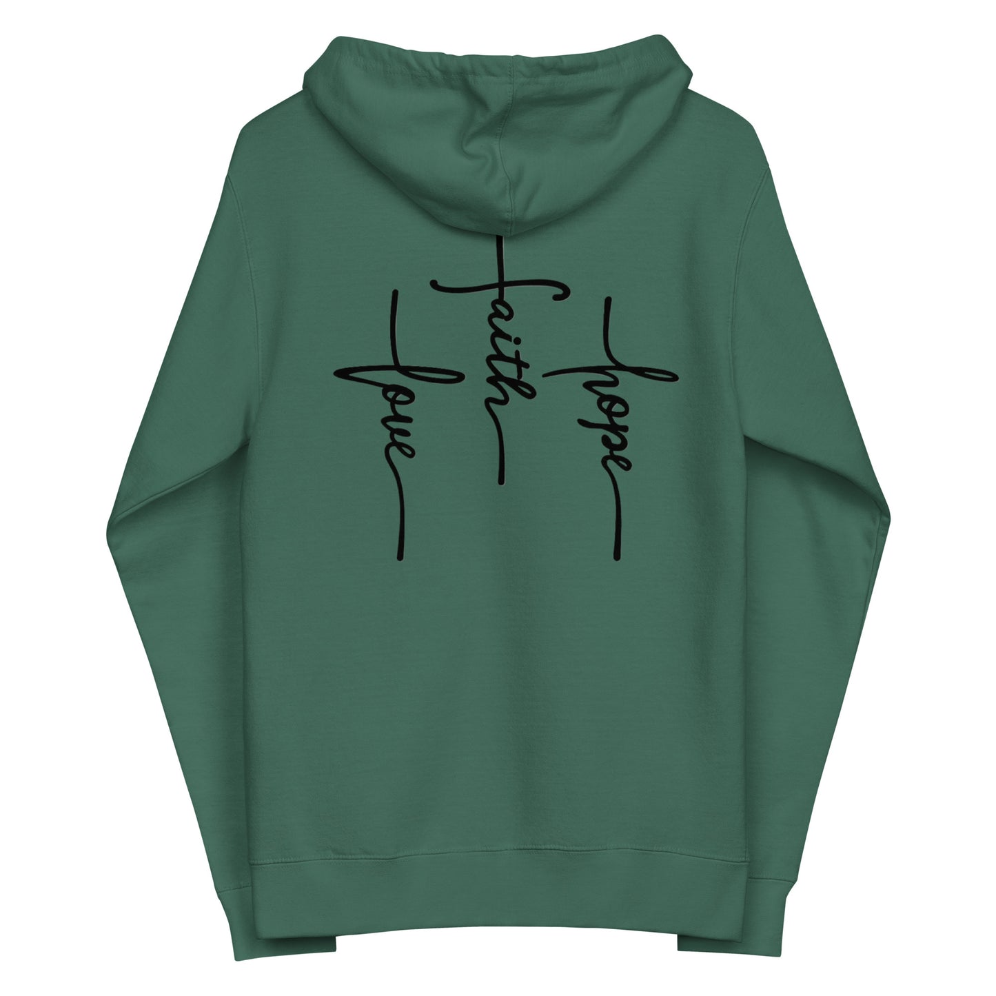 Back design — three minimalist crosses formed by the words Faith Hope Love, center cross raised to represent Jesus, inspired by 1 Corinthians 13:13.