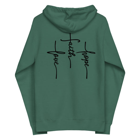 Back design — three minimalist crosses formed by the words Faith Hope Love, center cross raised to represent Jesus, inspired by 1 Corinthians 13:13.