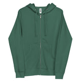Front view — Christian zip-up hoodie, minimalist sage green fleece, unisex