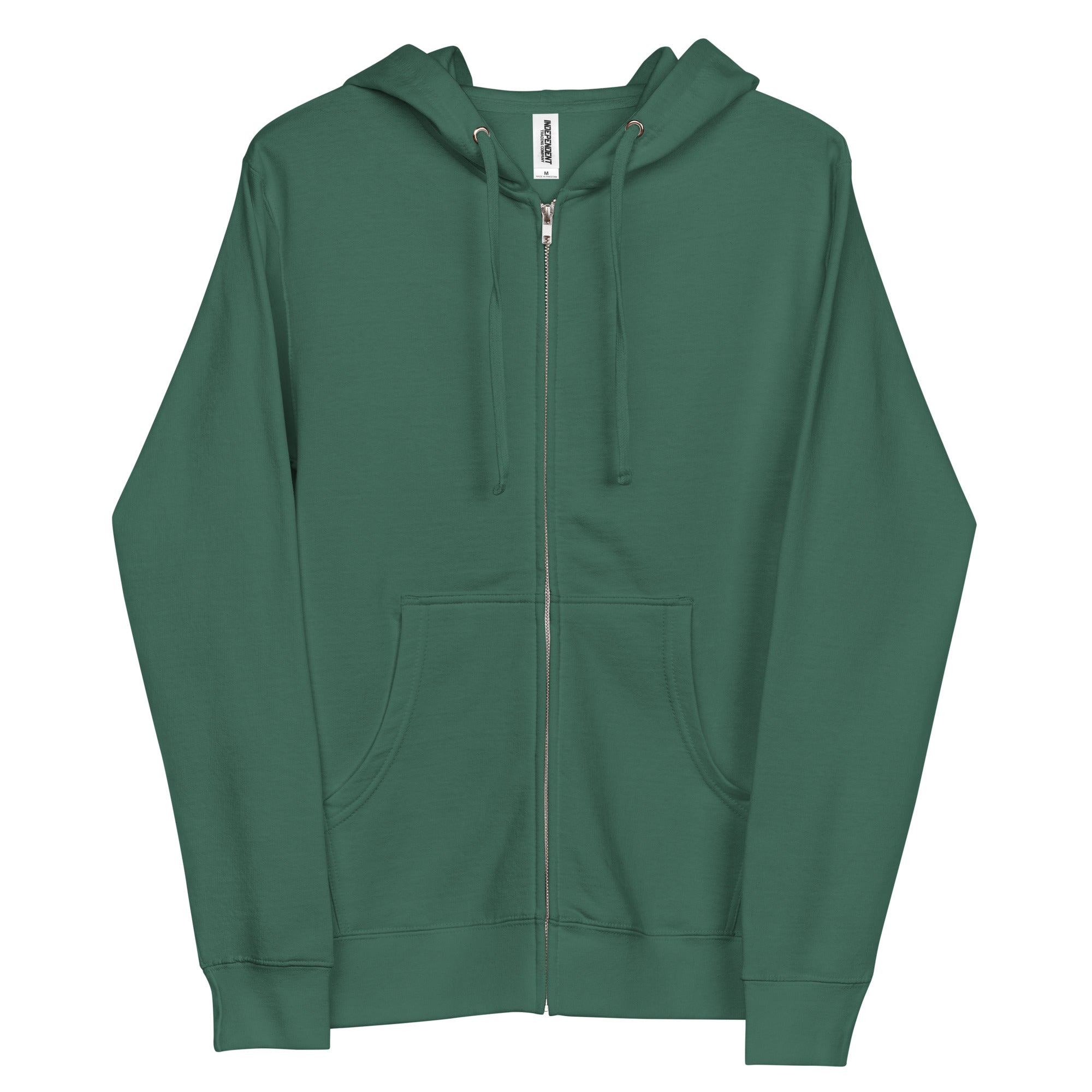 Front view — Christian zip-up hoodie, minimalist sage green fleece, unisex